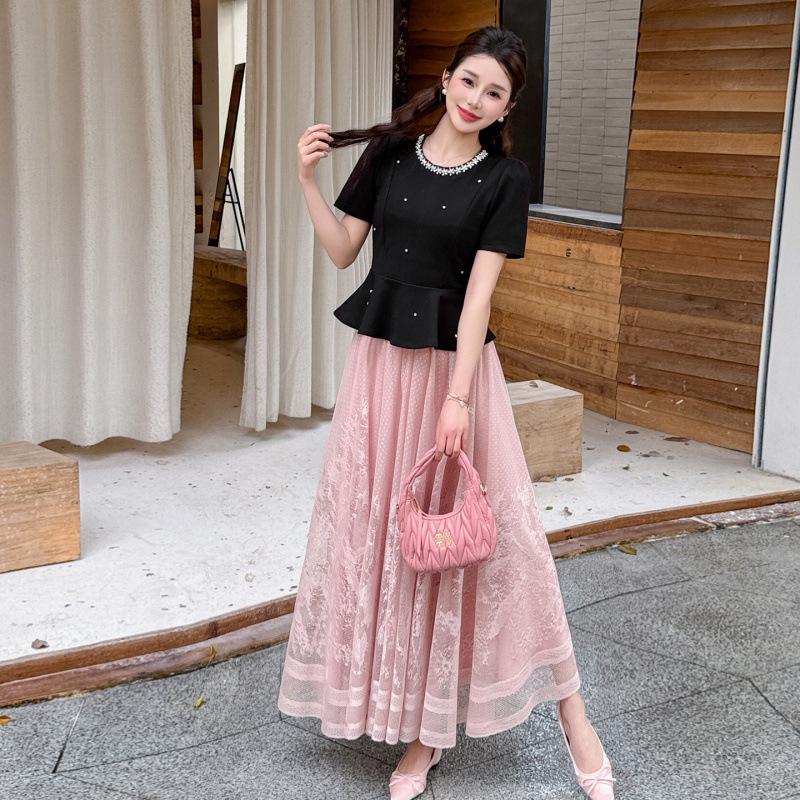 Plus Size Elegant French Beaded Summer Two-Piece Skirt Set 2XL