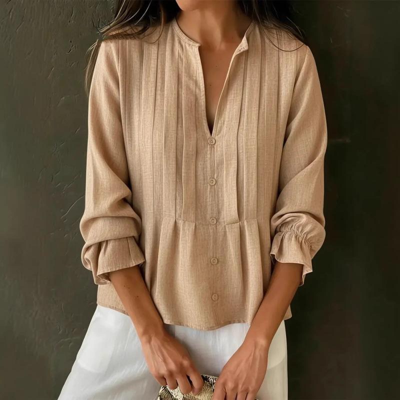 2026 European & American Women's V-neck Striped Long Sleeve Casual Shirt for Spring/Summer