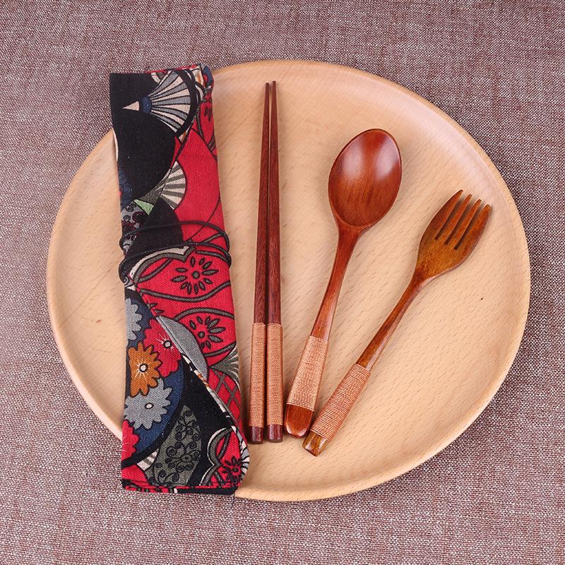 Japanese Style Portable Cutlery Set: Wooden Chopsticks, Fork, Spoon with Binding Wire and Cloth Bag for Outdoor Travel