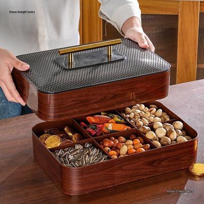 Wood Grain Multi-Grid Dried Fruit Candy Box - Thickened, Sealed, Moisture-Proof, Double-Layer Storage Plate