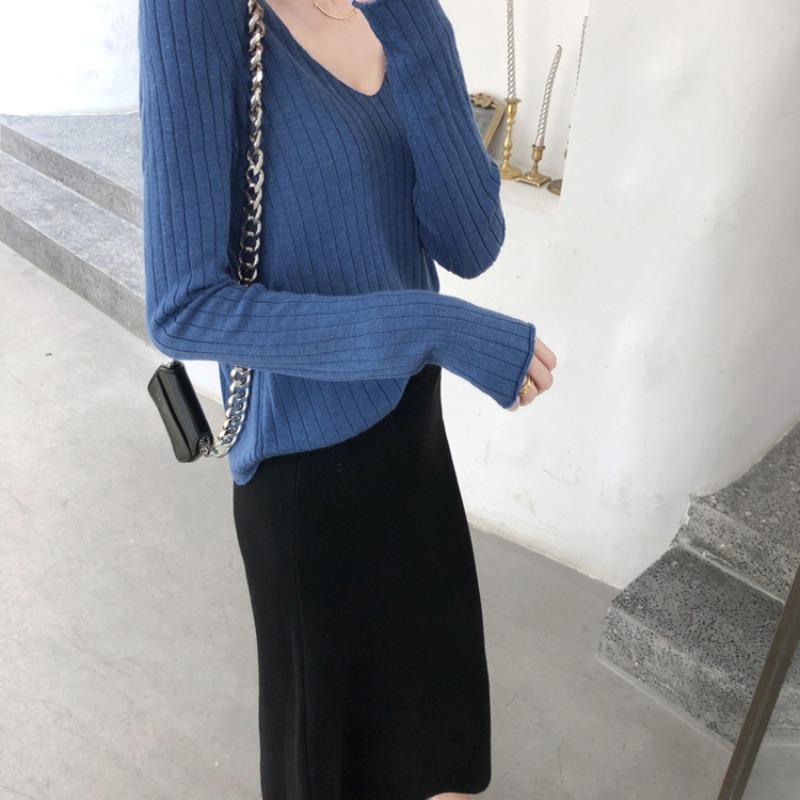 Spring and Autumn Lazy Style Long-sleeved Autumn Clothes Women's Outerwear, Loose Pullover V-neck T-shirt Sweater All-match Top 1739#