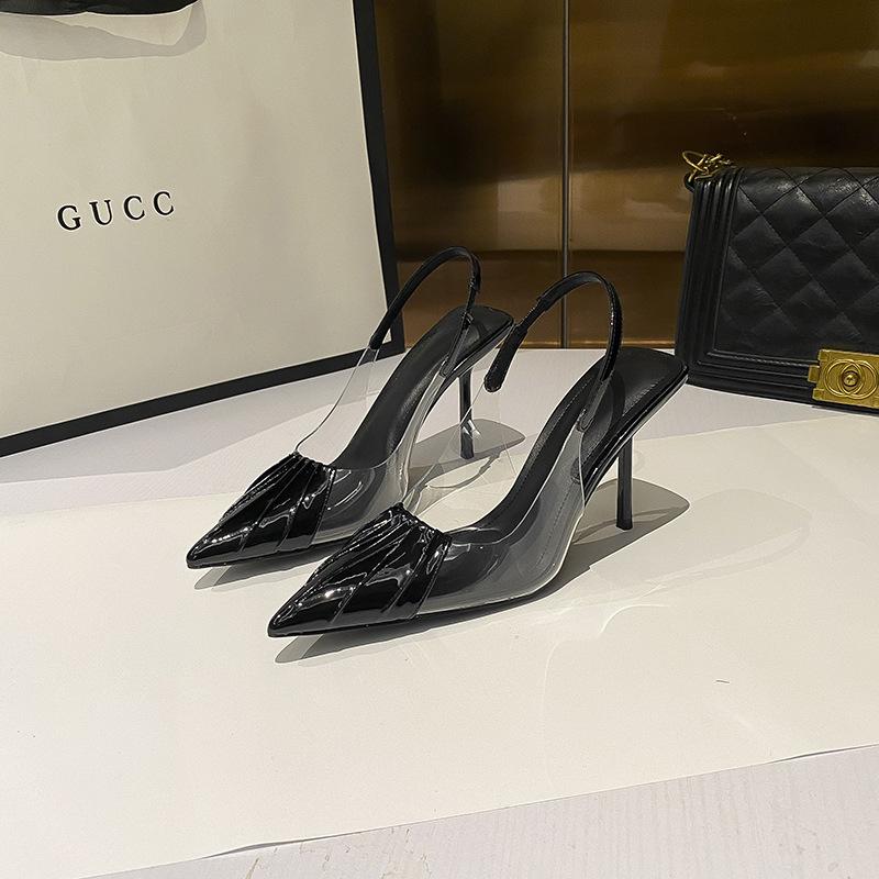 L122 High Heels, Thin Heels, Femininity, Commuter Style, Pointed Head, Fashionable and Versatile Bag Head, Empty Back, Black High Heels, Sandals, Wom