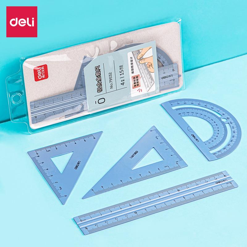 4 In 1 Deli Fizz Metal Ruler Stationery Set Aluminum Alloy Multifunctional Combination Ruler Triangle Protractor for Drawing