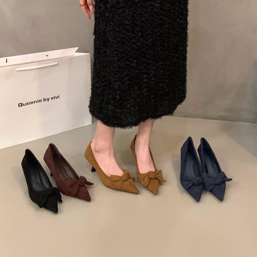 Niche French black high heels women's shoes 2025 new spring and autumn temperament suede bow pointed single shoes