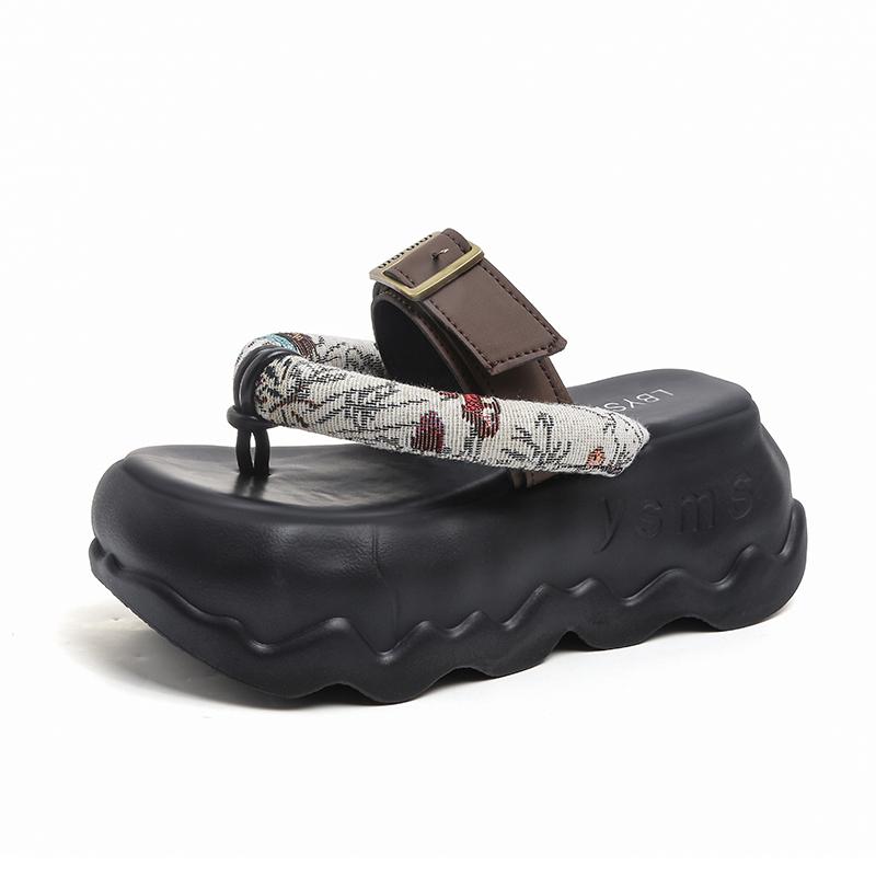 

Fashion 2025 Summer Clip Toe Slides Women Shoes Platform Buckle Decoration Lightweight Flip-flops Thick Soled outdoor Beach Slippers 8CM 35 бежевый