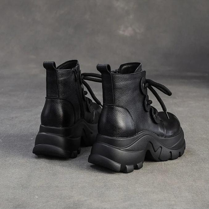 Johnature Runde Zehenpartie Plateau Kurze Stiefel Retro Echtes Leder Dicke Sohle Höhenvergrößernd Damenschuhe