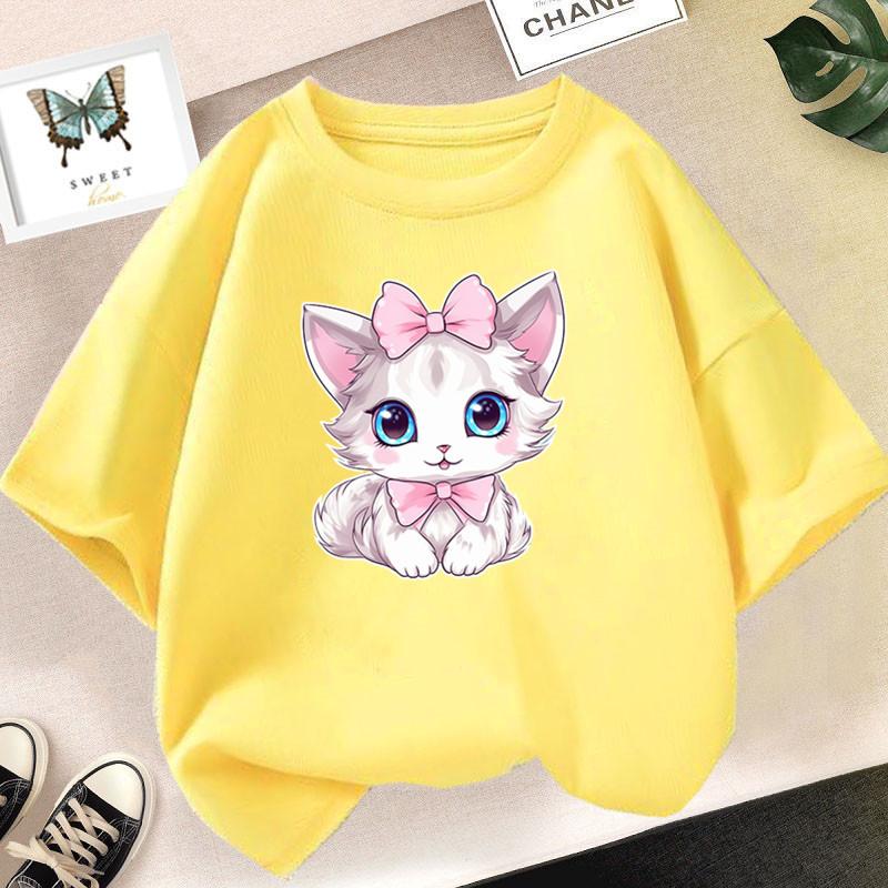 Cotton 100%  Cat Girls T Shirt Clothes Girls Animal Children T-Shirt Kids Summer Cat Lively Cute Funny Baby T Shirts Tops 2023