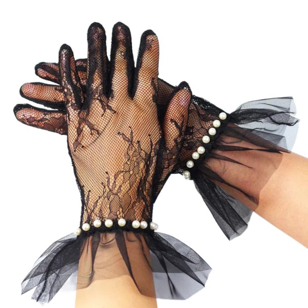 Atmungsaktive Brauthandschuhe Schleife Kurz Schwarz Fäustlinge Heilige Netzspitze Handschuhe Brautjungfern