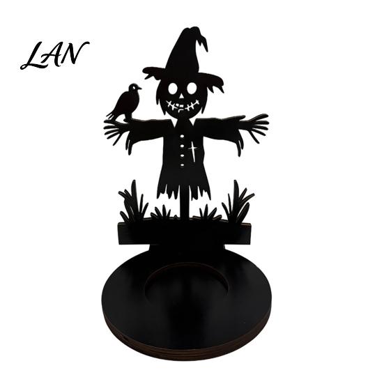 Spooky Pumpkin Tea Light Decor Halloween Wooden Candle Holder, Black Hollow Crow Spider Tealight Display Party Atmosphere Stand, Gothic Silhouette