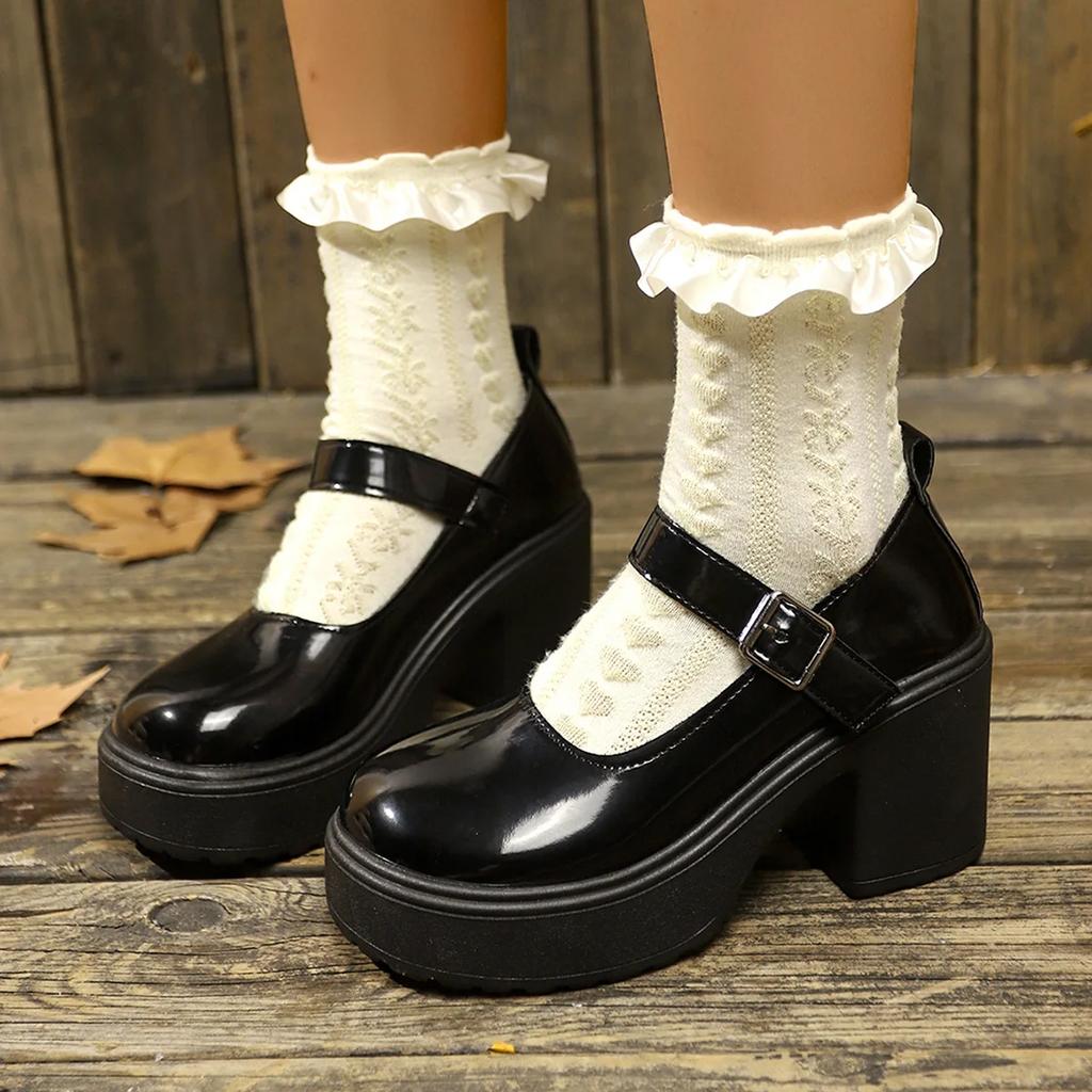 Fashion Size 43 Chunky Platform High Heels Pumps Women Autumn Pu Leather Ankle Buckle Mary Jane Shoes Woman Thick Heeled Lolita Shoes