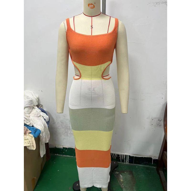 

Fashion Wind Contrast Color Backless Lace up Vacation Beach Knitting Dress Sexy Backless Knit Dress Coral color S