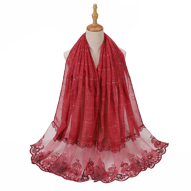 Glitter Scarf Islamic Long Shawls Wraps Luxury Flower Headscarf Headband New Embroidered Lace Sequins Hijab Stitching Splicing