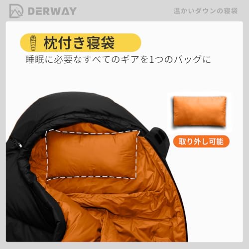 DERWAY Winter Lightweight Down Sleeping Bag with Pillow (220*85cm), Wide Version, 680FP Fill Power, -15°C to 8°C, Compact Sleeping Bag for Camping, Hi