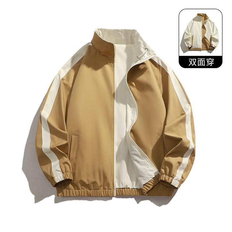 Mens Reversible Stand Collar Jacket Lightweight Outerwear With Stripe Solid Sides