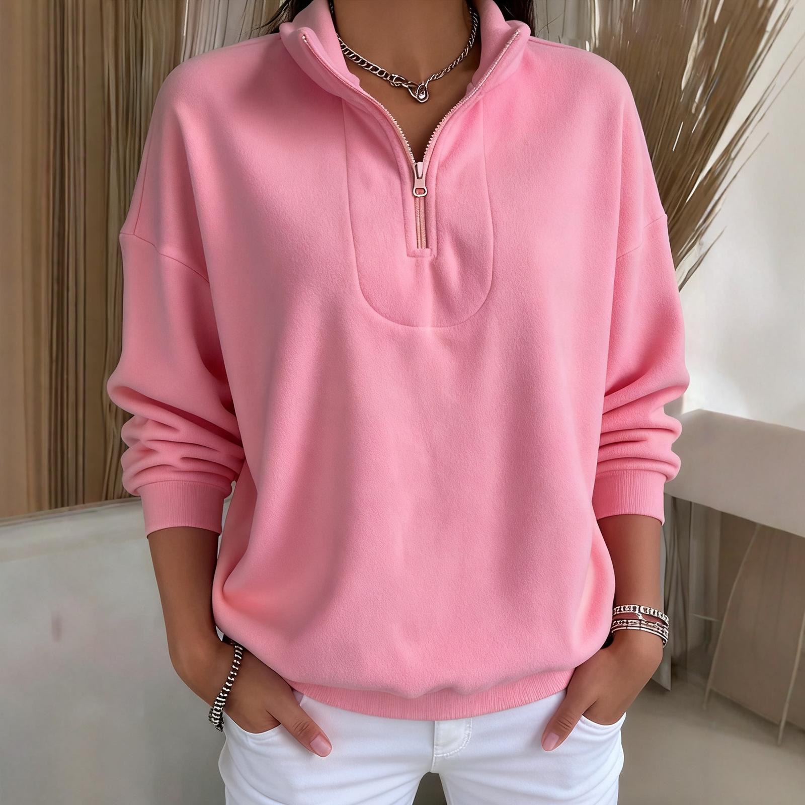 

Женский модный флисовый пуловер свободного кроя однотонный на молнии с длинным рукавом M розовый