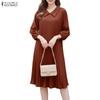 ZANZEA Women Lapel Collar Solid Color 3/4 Sleeve Dress