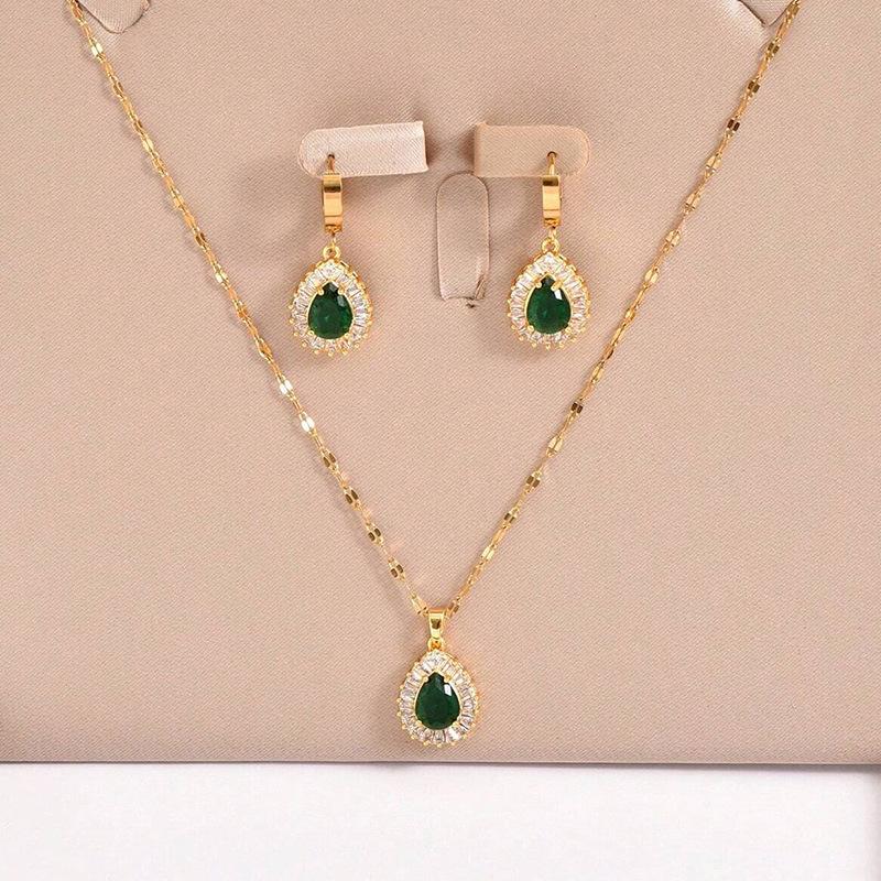 Emerald Necklace Women's Fashion Temperament Suit Vintage Hong Kong Style Necklace Earrings Versatile Jewelry