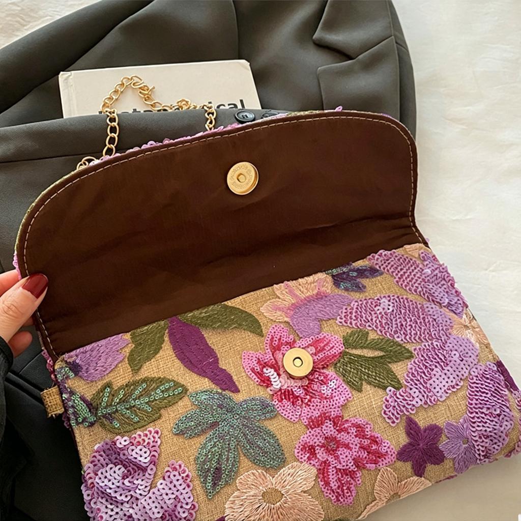 Straw Woven Bag Women's Detachable Chain Crossbody Shoulder Bag Chinese Style Handbag Sequin Floral Envelope Bag