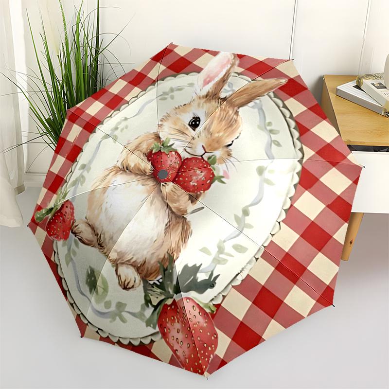 1pc Bunny Strawberries Automatic Open/close Umbrella, 8-Rib Sturdy Structure, Artistic Pattern, Compact Design, Fashion Lovers L044