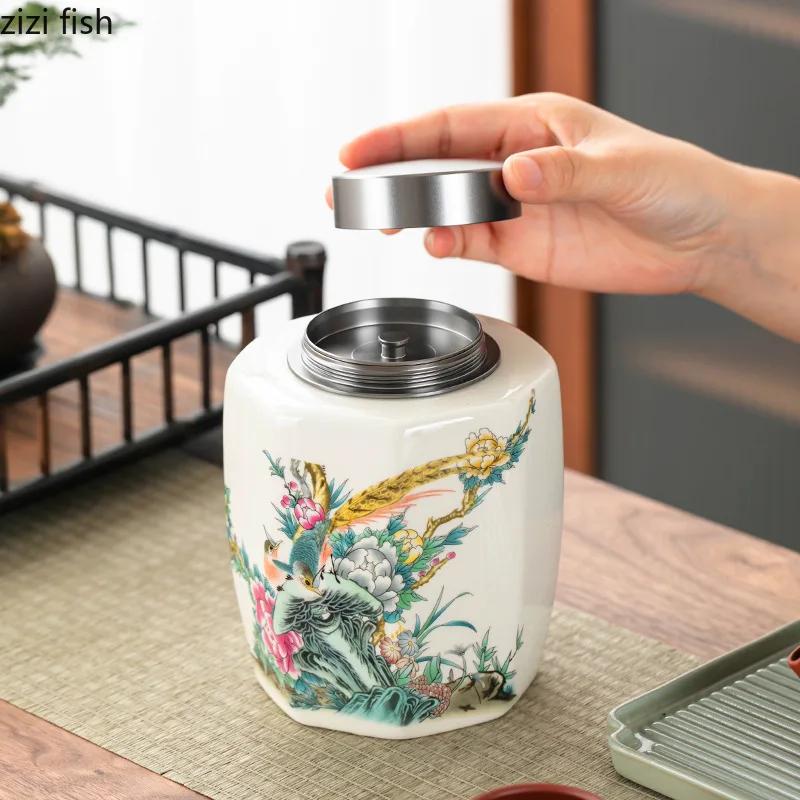 Retro Hand Painted Ceramic Tea Jar Tea Box Alloy Cover Sealed Moisture Proof Jar Tea Canister Candy Jar Household Teas Container