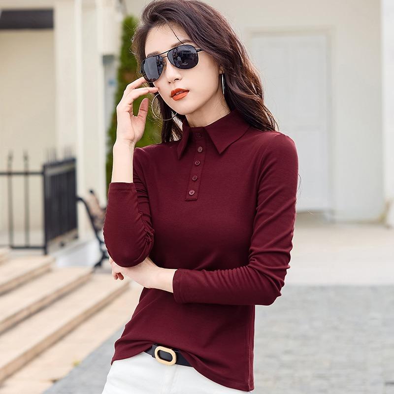 Women's Trendy T-shirt Lapel Cotton Comfortable Inner Wear Fashionable Women's Long-sleeved T-shirt Bottoming Shirt Slim Fit Top