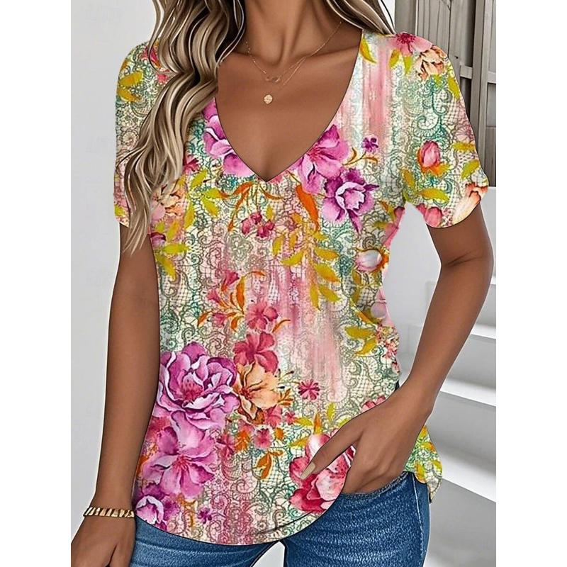 Women's T-Shirt Floral Print Outdoor Retro Fashion Casual Plus Size Blouse V-Neck T-Shirt Summer Women's Clothing