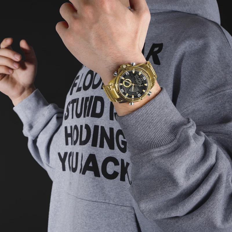 Mens Multifunctional Double-Display Watches Date Stainless Steel Watchband LED Luminous Mode Waterproof Wrist Watch