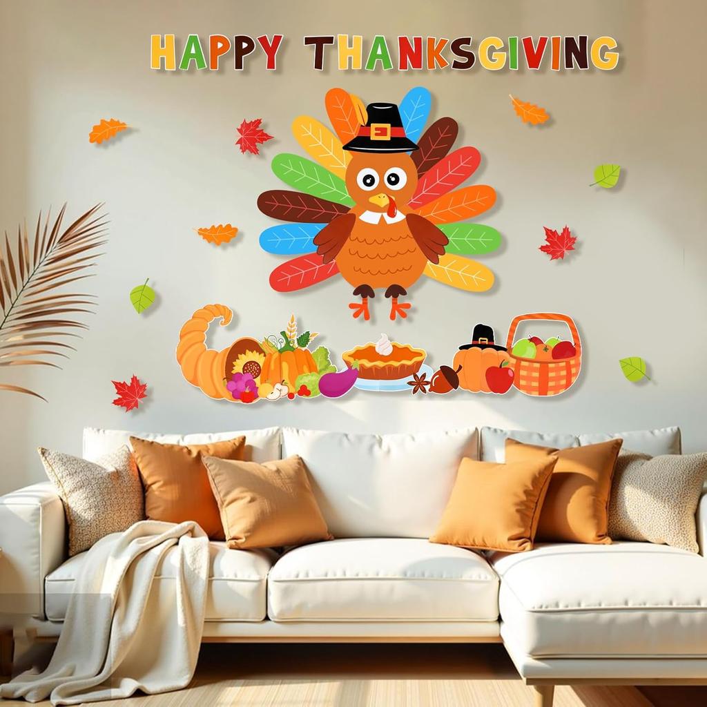Konsait 49Pcs Turkey Bulletin Board Decorations, Happy Thanksgiving Cutouts for Bulletin Board, Thanksgiving Decoration for School Home Office