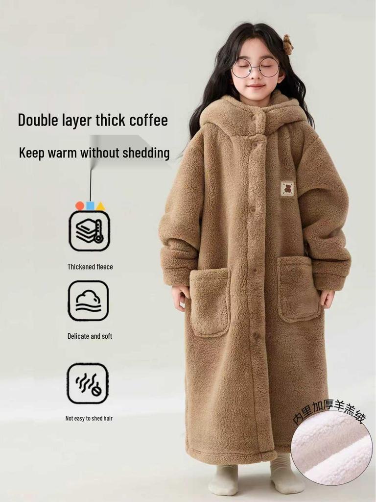 Kids' Winter Coral Fleece Bathrobe - Double-Layer Warm Pajamas for Boys or Girls