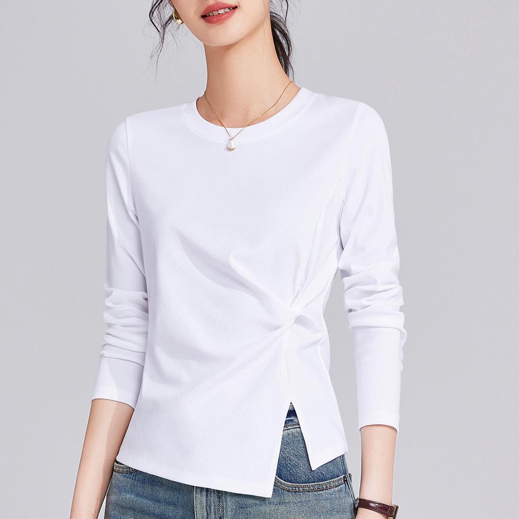 Spring and Autumn New Crew Neck Irregular Long Sleeve Women's Slim Pleated Design Niche Bottom Shirt Top