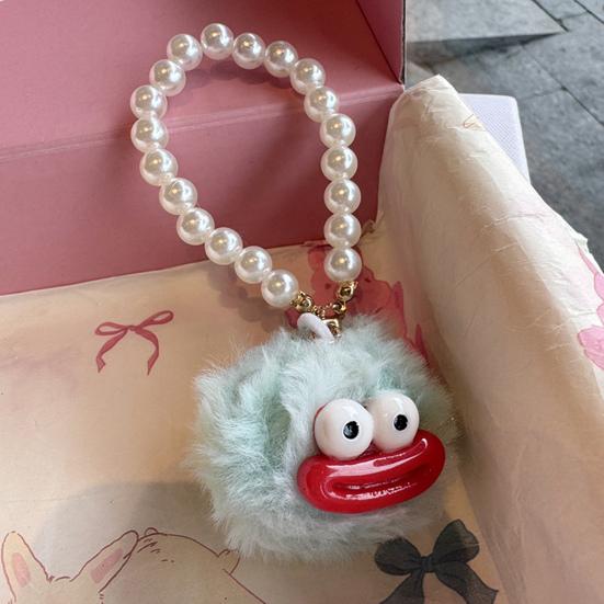 Large Mouth Cartoon Plush Doll Keychain With Faux Pearls Lanyard