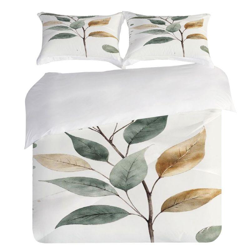 Pillowcase Quilt Cover Three-Piece Bedding,Watercolor Style,Branches And Leaves Green Leaves Yellow Leaves Background Texture