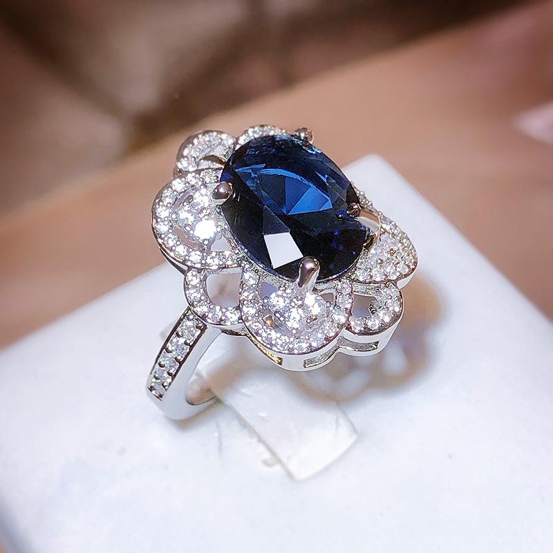 New Imitation Natural Sugar Tower Sapphire Full Diamond Opening Ring Women 925 Stamp Luxury Temperament Party Wedding Gift