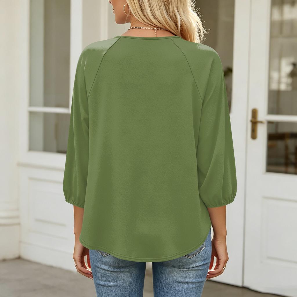 Women's 3/4 Sleeve Round Neck Pleated T-Shirt Top Lightweight Soft Fabric Comfortable Fit Casual Wear