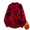 Men's Zodiac Velvet Red Sweater: Thick Knitwear for Autumn/Winter, Loose Fit, Round Neck, New Year Base Layer.