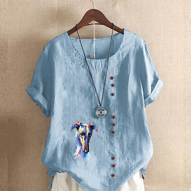 Women's Fashion Colorful Dog Prined Round Neck Short Sleeve T-shirt Casual Cotton Linen Graphic Shirt Leisure Loose Summer Blouse Tops