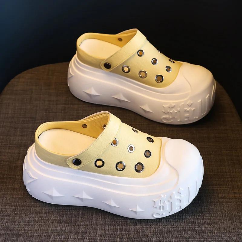 Fashion 9CM Synthetic Microfiber Leather Chunky Sneakers Slippers Platform Wedge Sandals Slipper Flats Summer Women Hollow Sneaker Shoes