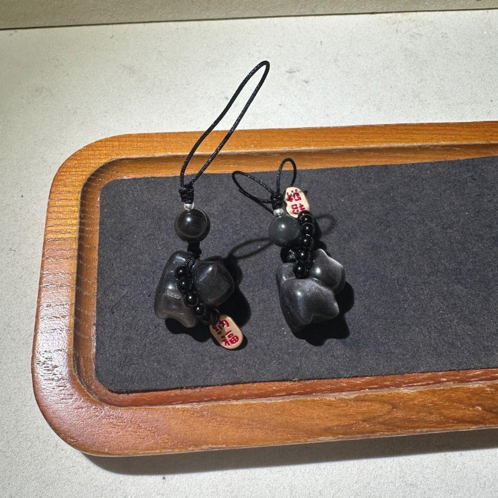 Silver Obsidian Cat Bag Charms Stone Car Key Ring Lucky Cat Braid Rope Pendant  For Men Women