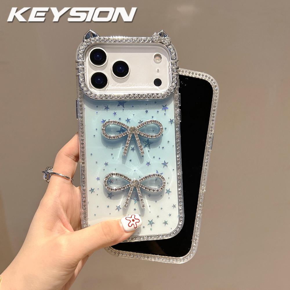 KEYSION Cute 3D Cat Ear Transparent Phone Case for iPhone 14 15 Pro Max 14 15 Plus Glitter Jewelled Bowknot Shockproof Back Cover