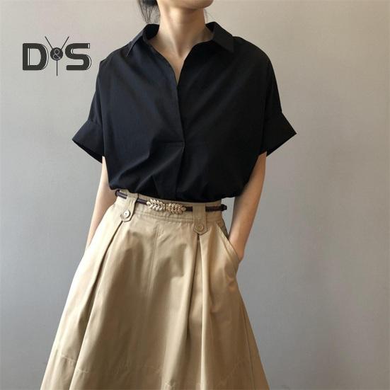 Dámská letní košile Klopa Krátký rukáv Jednobarevný svetr Topy Volný střih Tenká kancelářská dámská košile Pracovní oděvy