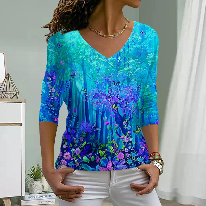 Hollow Butterfly Print Women Tshirts Ladies Tops Long Sleeve V-neck Pullover Femme T-shirts T Shirt For Women