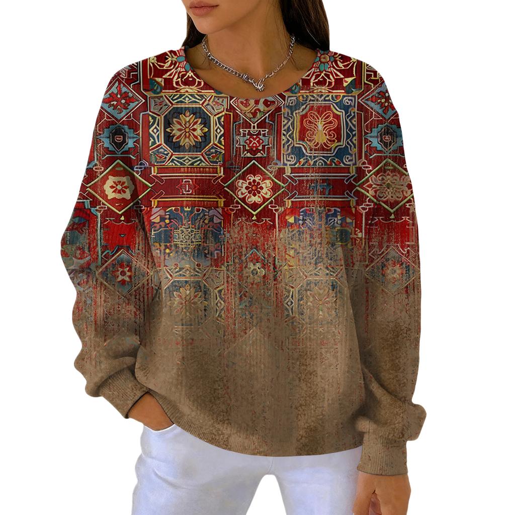 Women's Fashion Casual Gradient Vintage Print Pullover Sports Long-Sleeve Top