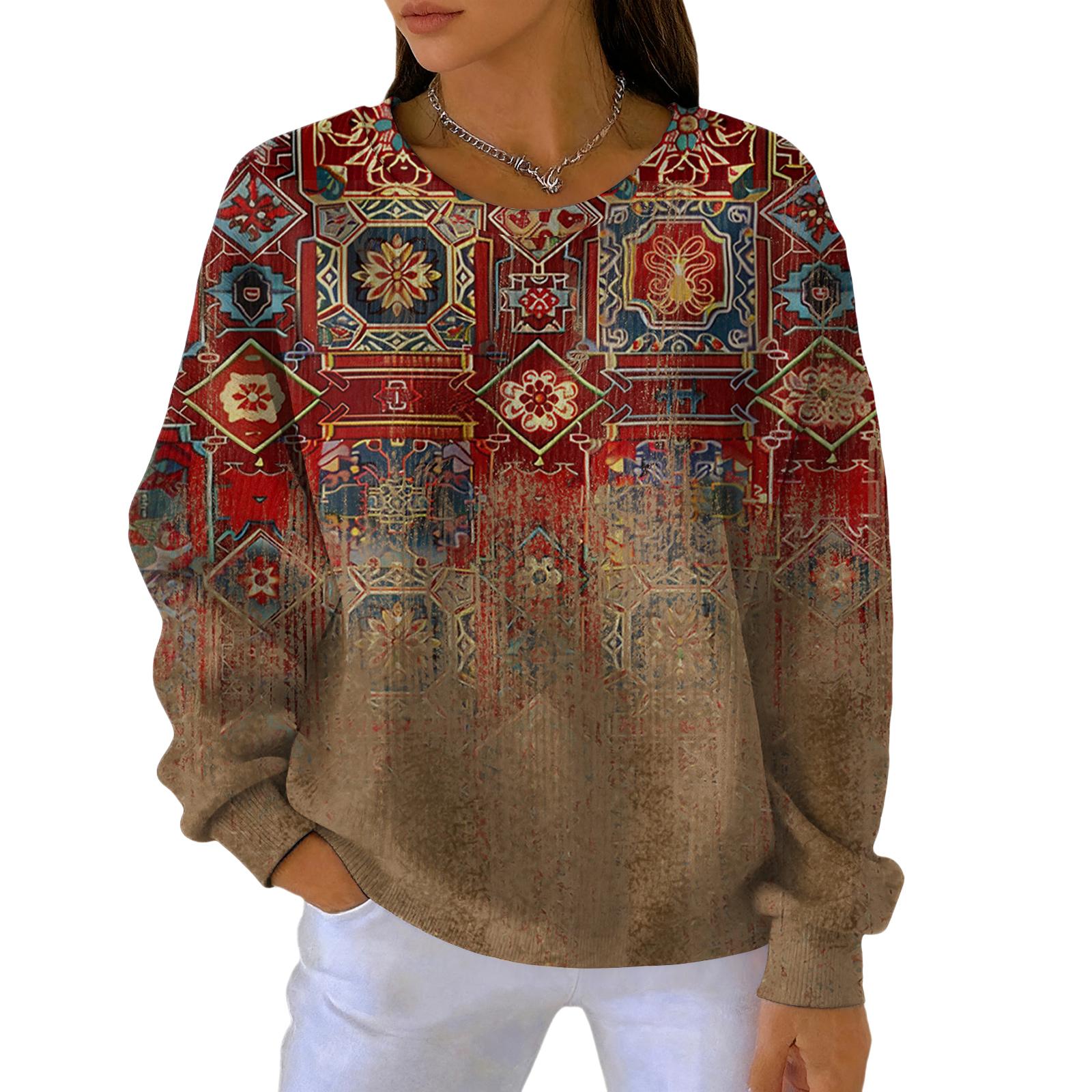 

Женский модный повседневный пуловер с градиентным винтажным принтом, спортивный топ с длинным рукавом XXL коричневый