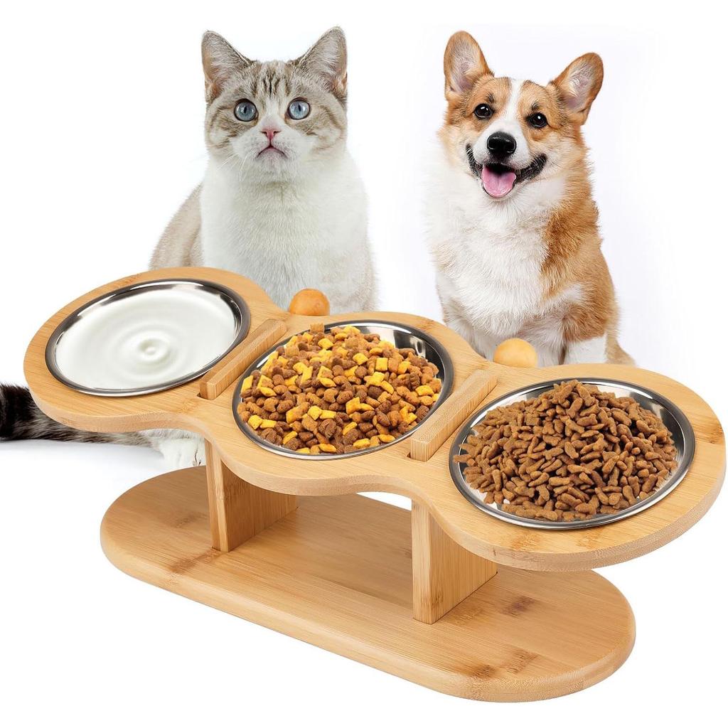Bamboo Pet Bowl Stand - Small Dog & Cat Feeder with Inclined Neck Protection