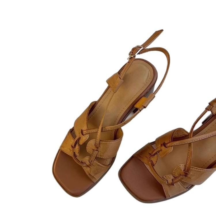 Sheepskin version~ retro versatile one-word belt leather high-heeled Roman shoes women's head open-toed high-end thick-heeled sandals