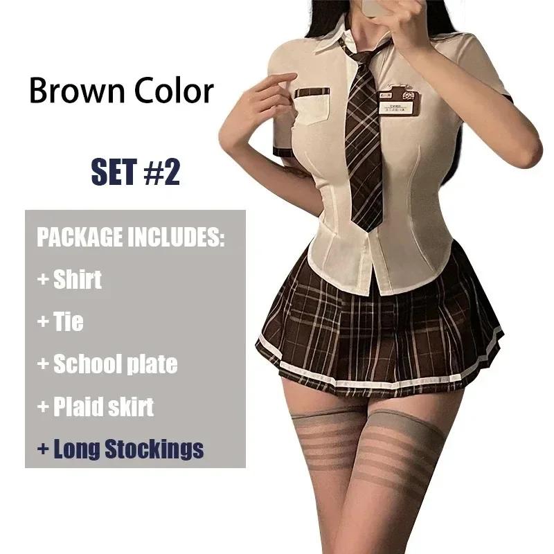 Schoolgirl JK Uniform Women Sexy Student Cosplay Costume Lingerie Slim Fit Outfit Shirt with Plaid Pleated Skirt Panties Set