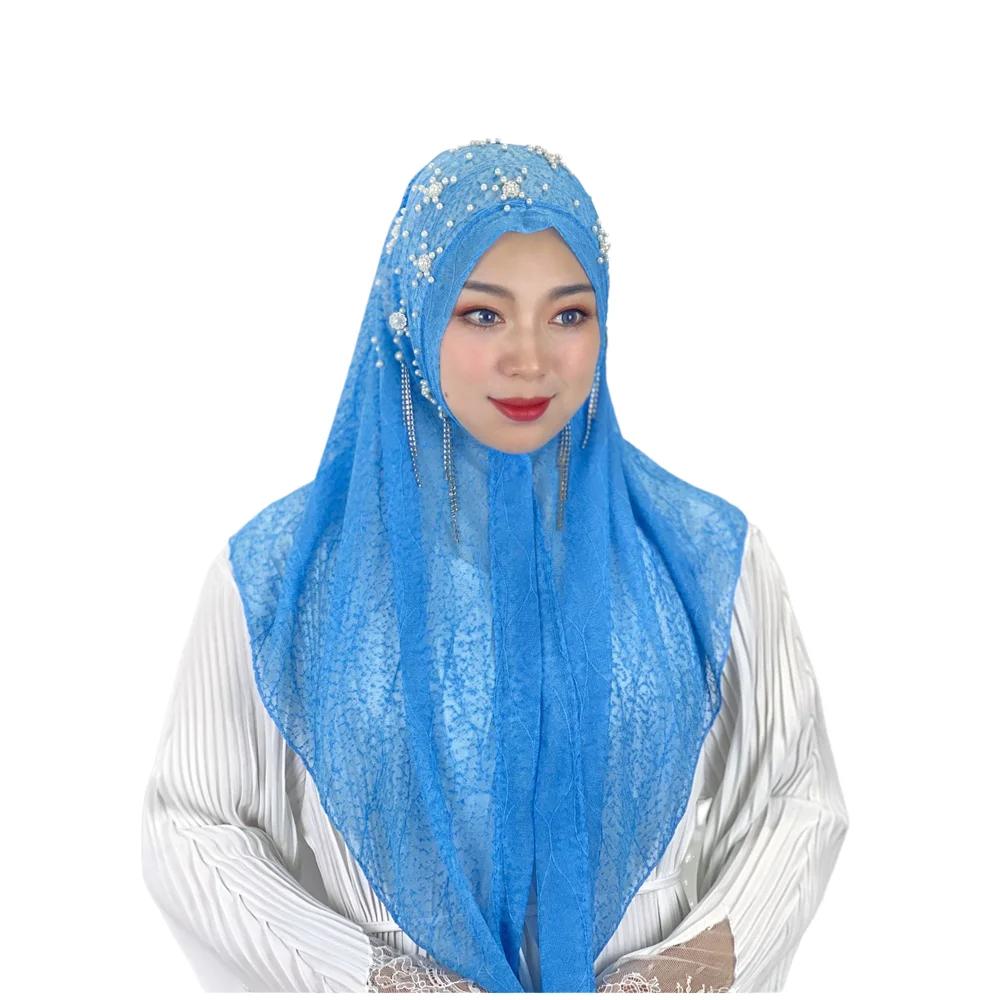 Msulim Hijab Women Beaded Flower Tassel Shawl Wrap Islamic Hat Stoles Headscarf Turban