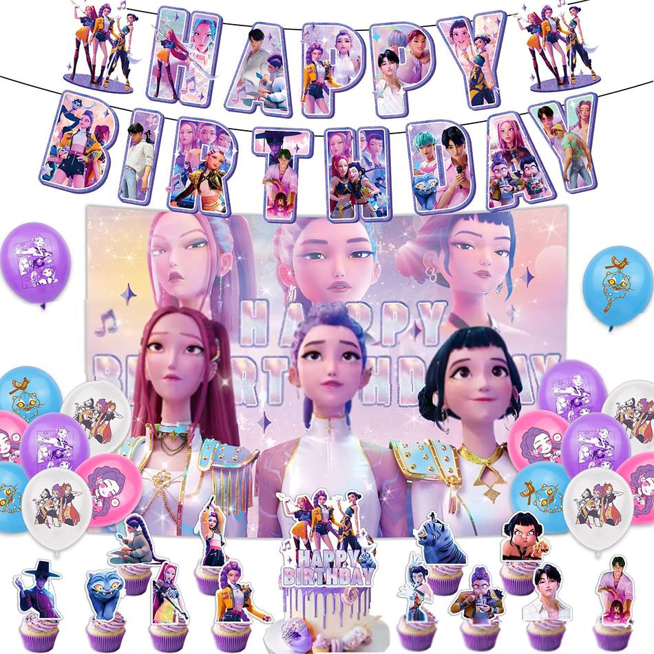 New Kpop Demon Hunters Birthday Party Decoration Supplie Set Cake Topper Flag Supplies Personalized Birthday Party Decor Anime