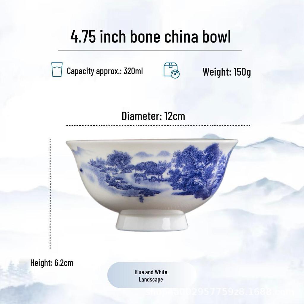Blue and White High-Foot Bone China Noodle Bowl - Chinese-Style, Anti-Scald, Customizable for Birthdays