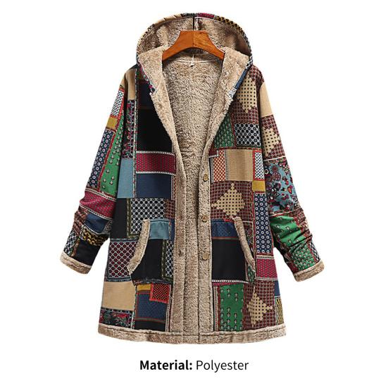 Women Overcoat Keep Warm Hooded Polyester Ethnic Pattern Winter Coat for Daily